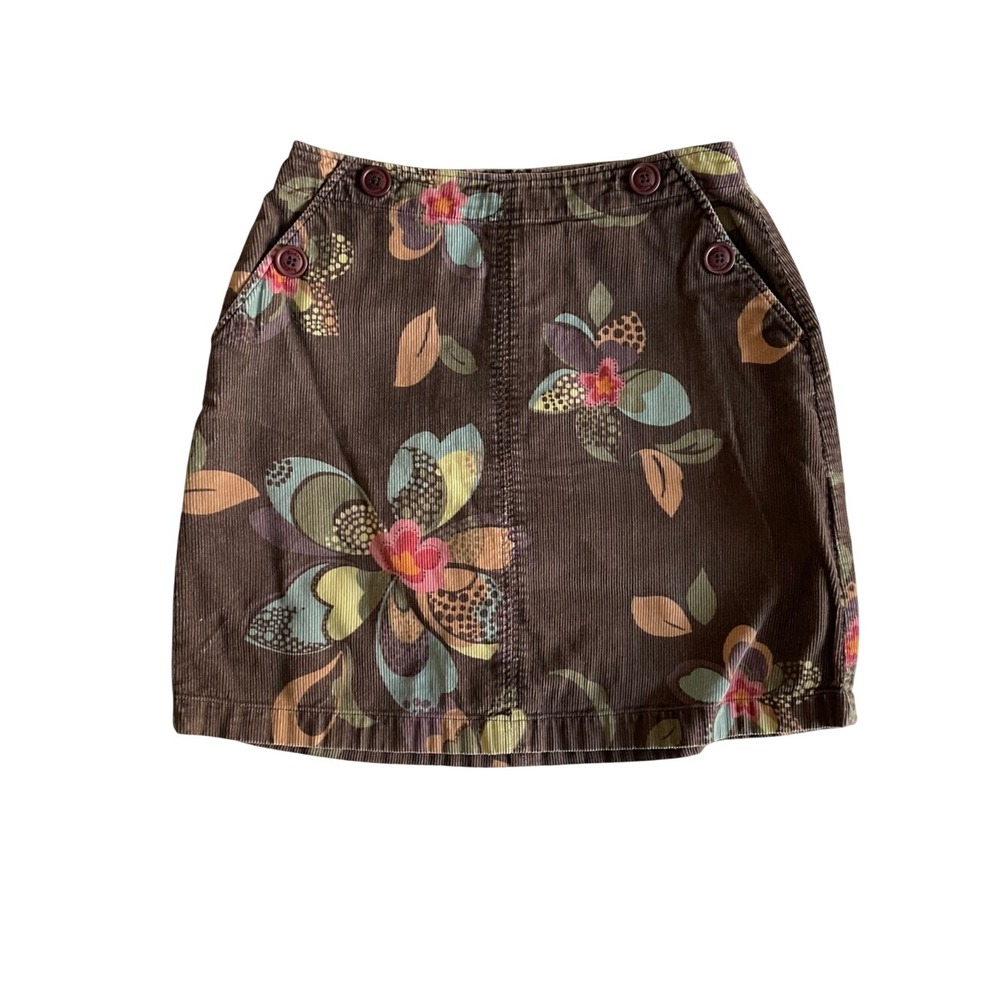 Boden Mini Skirt 10 Brown Corduroy Retro Floral A Line Boho Button Cottagecore